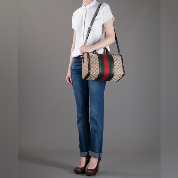 GUCCI Monogram Vintage Web Medium Boston Bag with Brown Leather - Picture 3 of 16